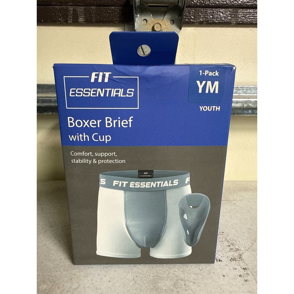 Fit Essentials Kids' Boxer Brief with Cup - White/Gray, YM, Youth/M